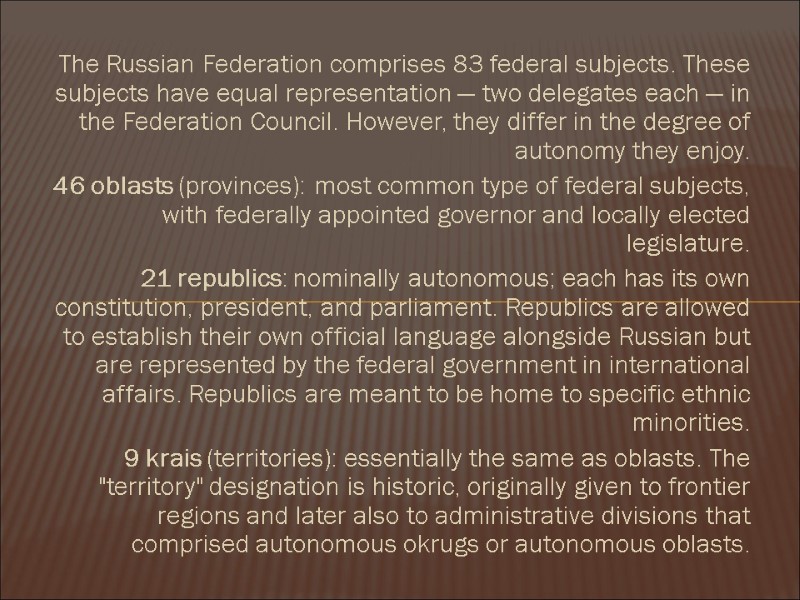 The Russian Federation comprises 83 federal subjects. These subjects have equal representation — two